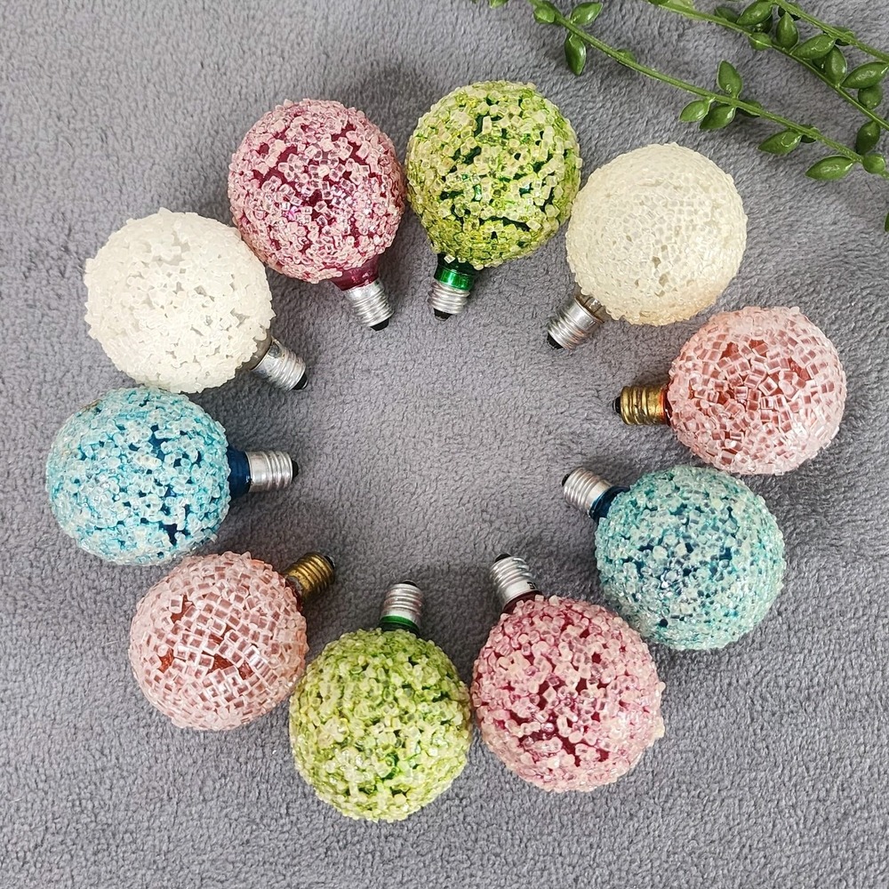 10 Vintage GE Snowball Frosted Lighted Ice Christmas Bulbs Tested Working Iced